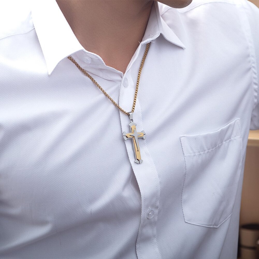 ❤️Gold and Silver HipHop Cross Necklace Religious, N90201P101 - Picture 3 of 7